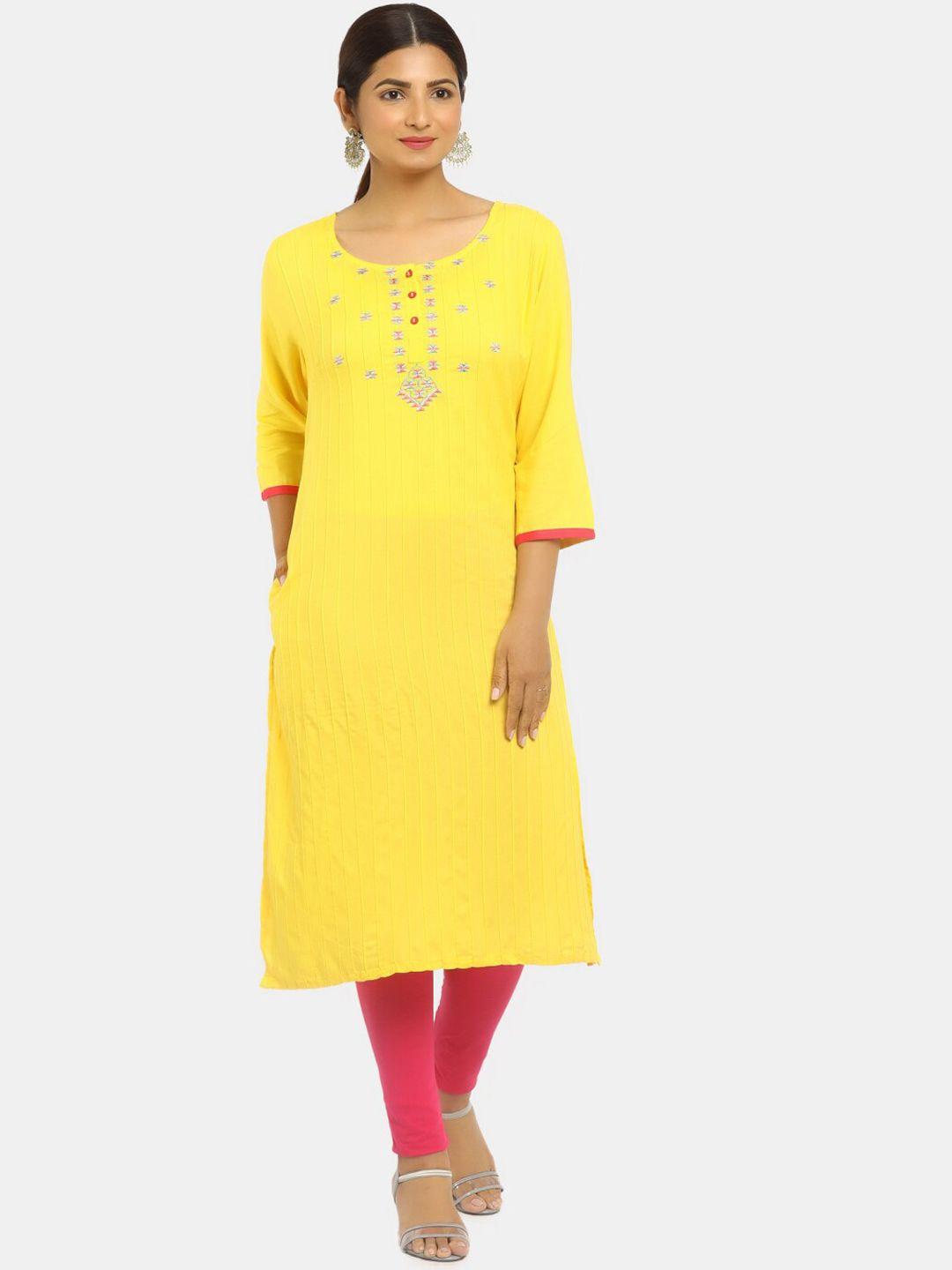 karigari women yellow embroidered thread work kurta