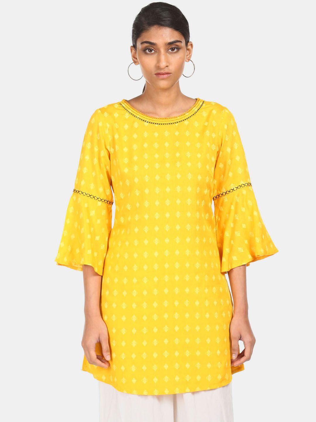 karigari women yellow ethnic motifs checked flared sleeves kurta