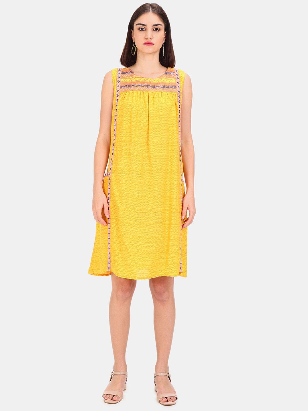 karigari yellow ethnic motifs printed sleeveless a-line dress