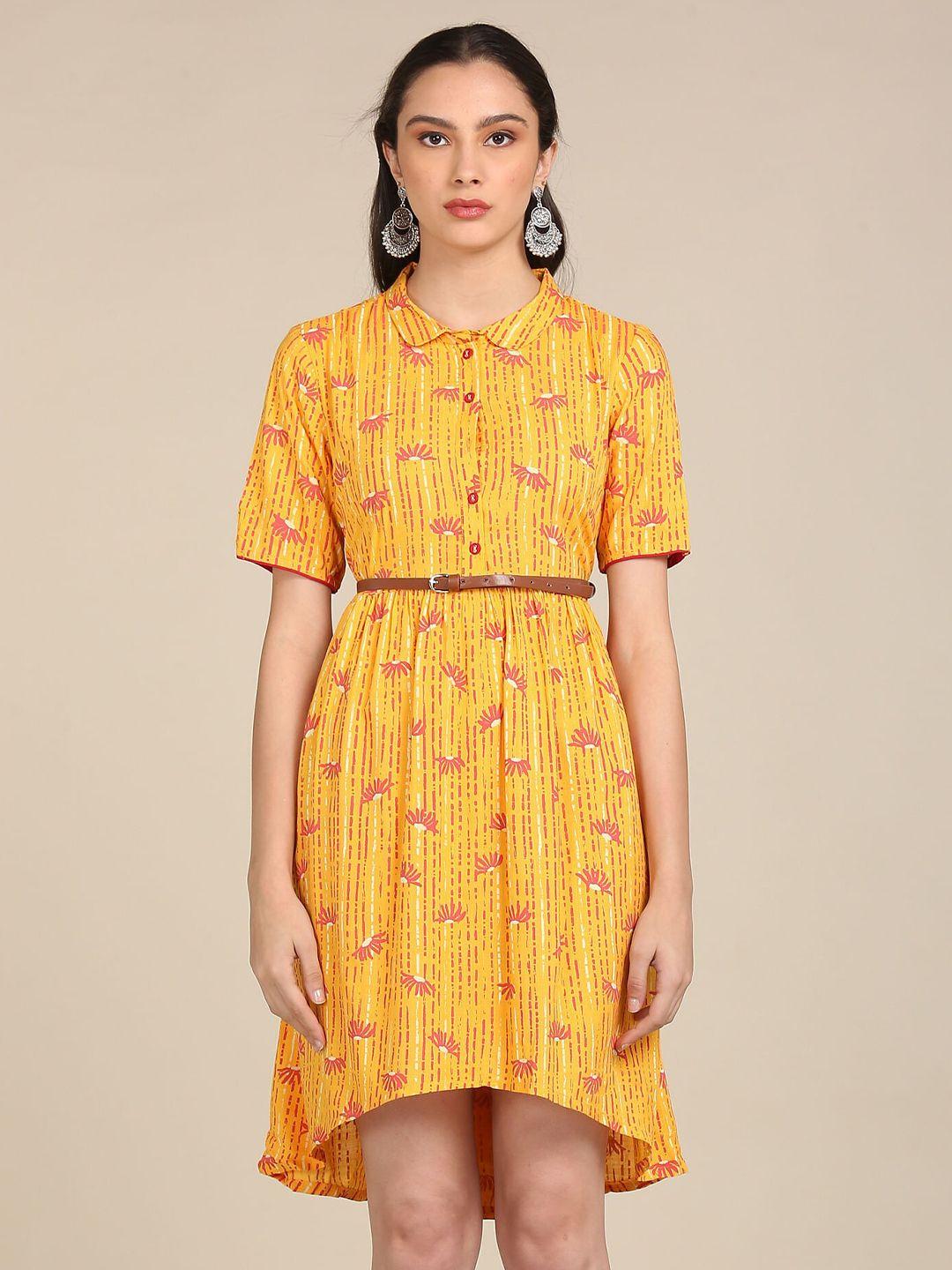 karigari yellow shirt collar printed belt dress