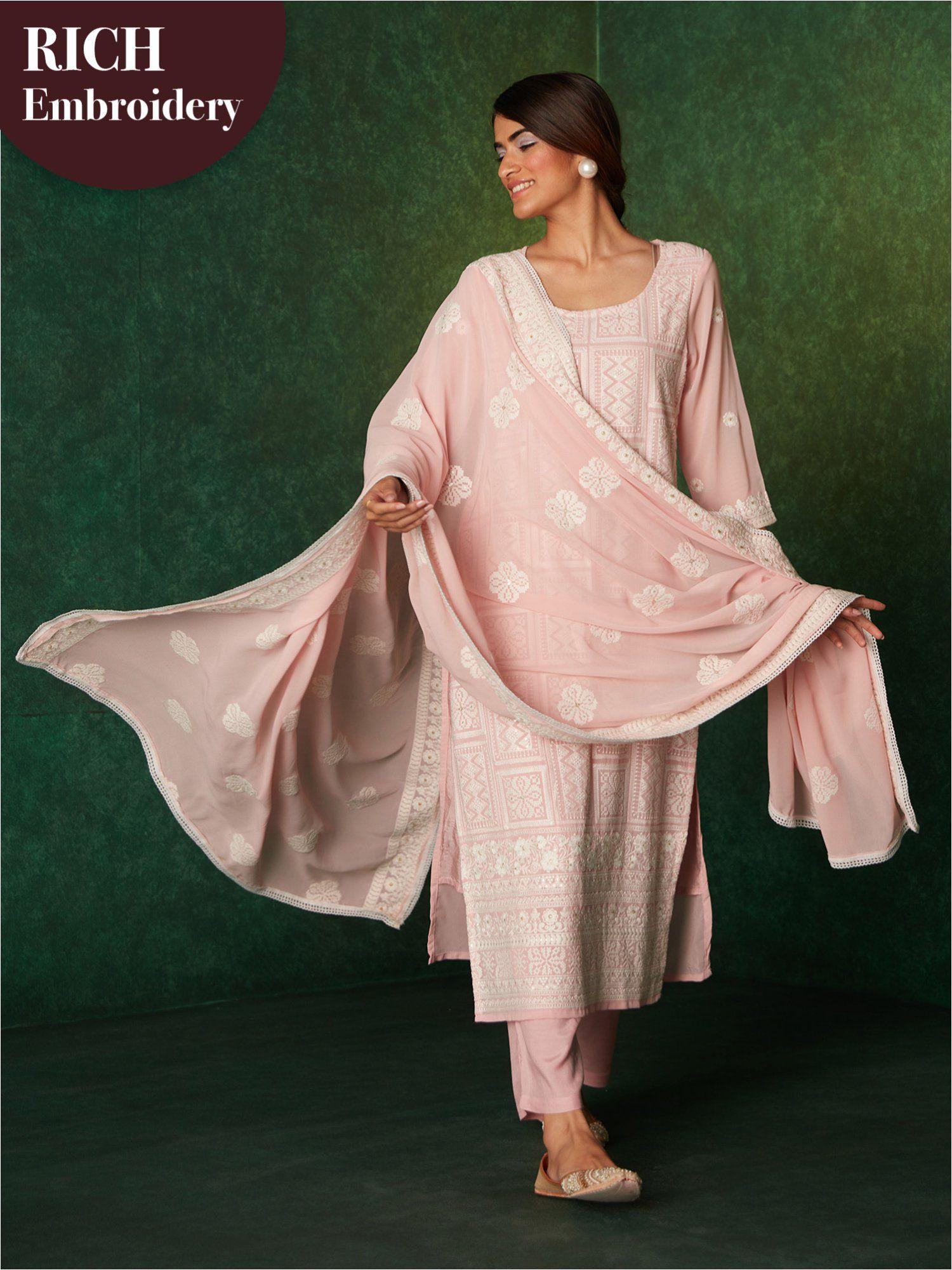 karigiri pink heavy embroidered kurta, pant & dupatta (set of 3)