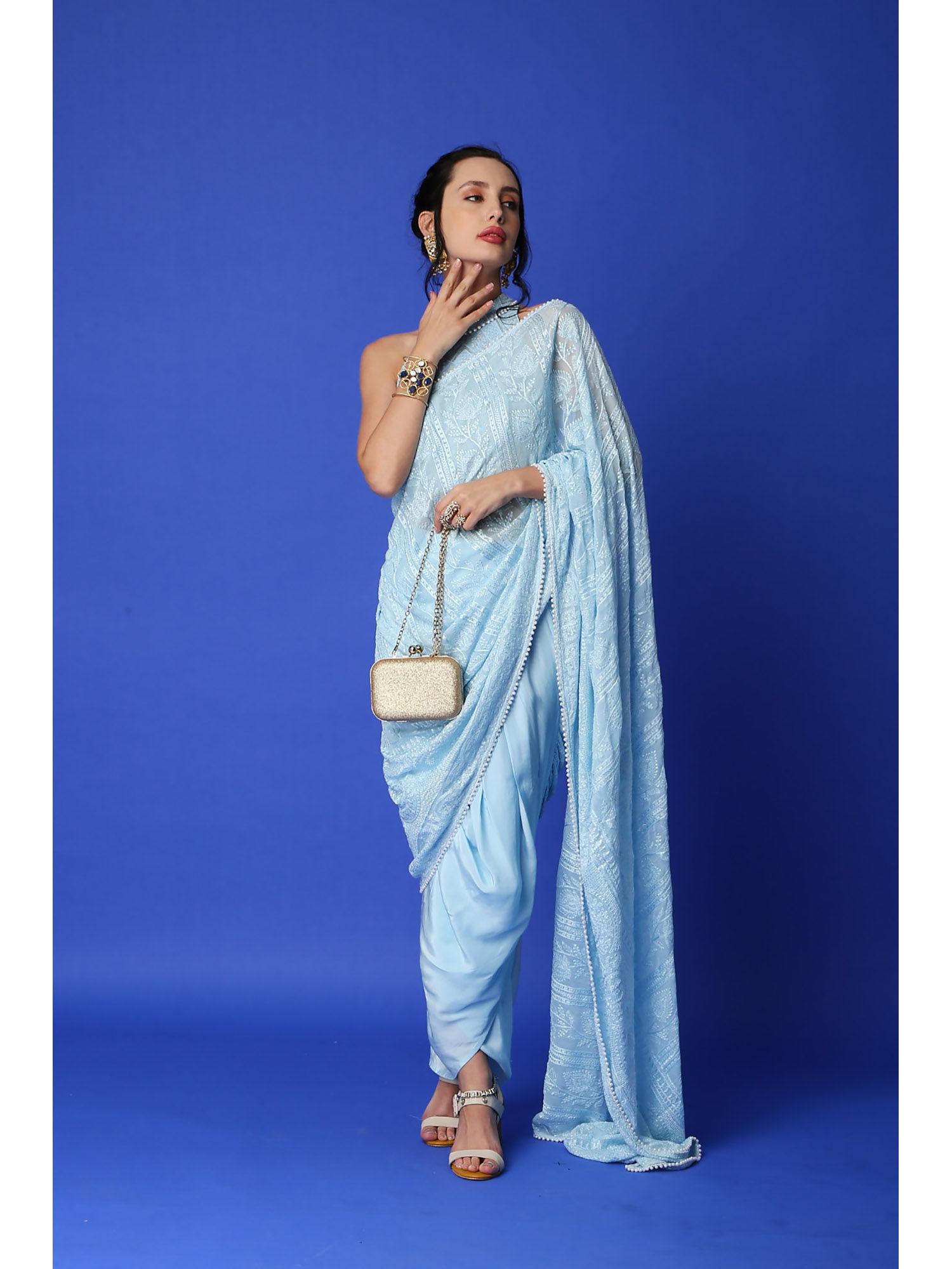 karishma chikankari dhoti saree & blouse - ice blue