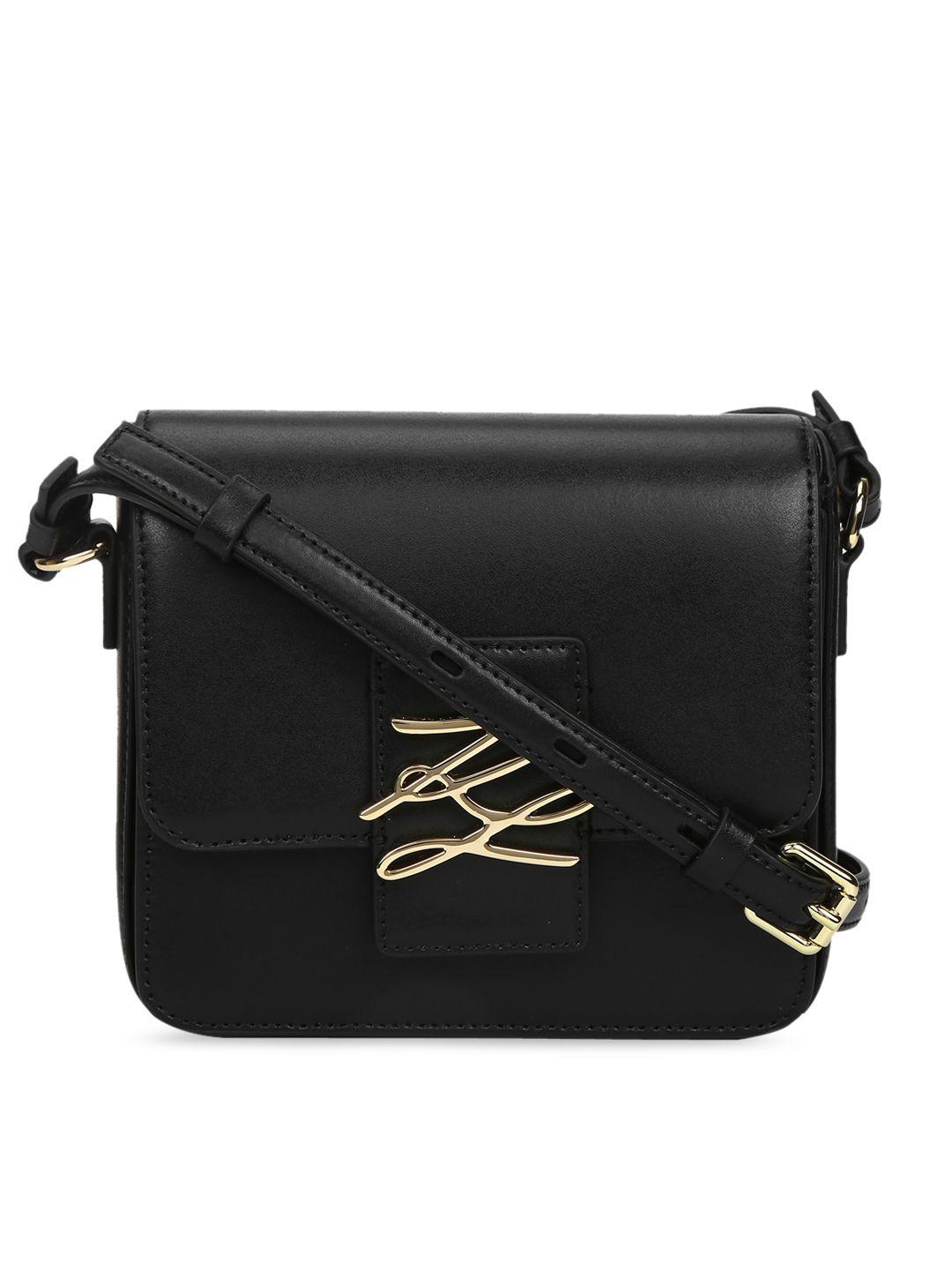karl lagerfeld black leather structured sling bag with applique