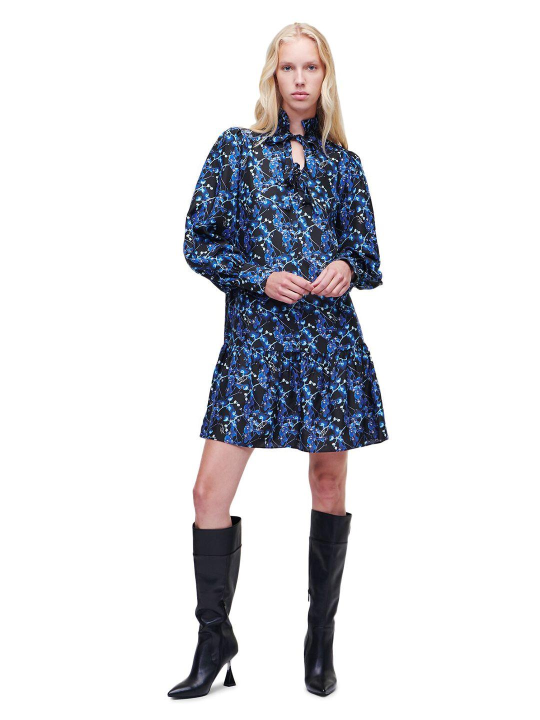 karl lagerfeld blue floral tie-up neck dress