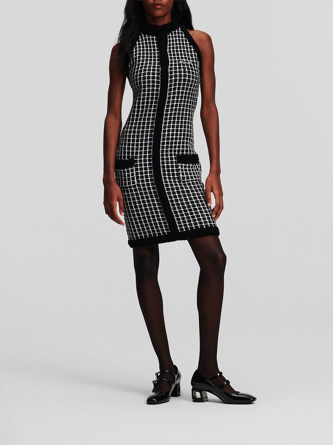 karl lagerfeld high neck sleeveless checked bodycon dress