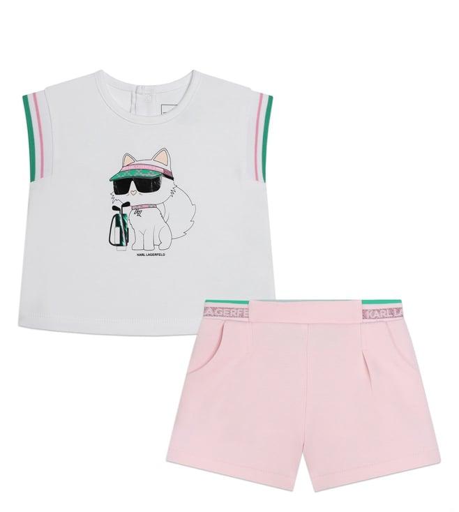 karl lagerfeld kids white & pale pink printed regular fit t-shirt & shorts