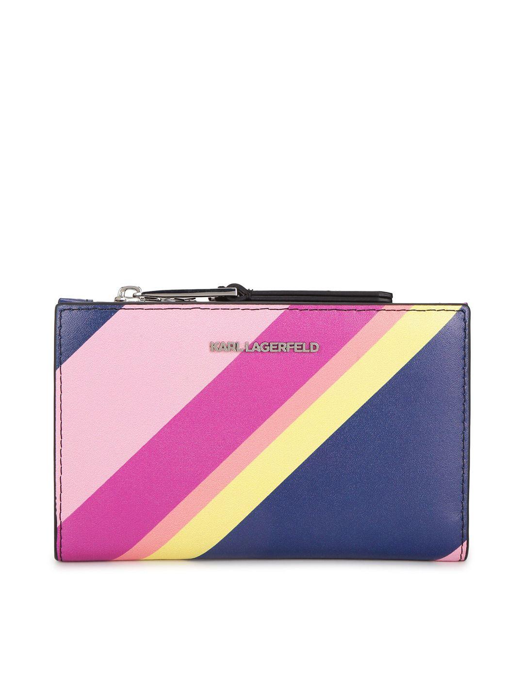 karl lagerfeld women blue & pink printed leather two fold wallet