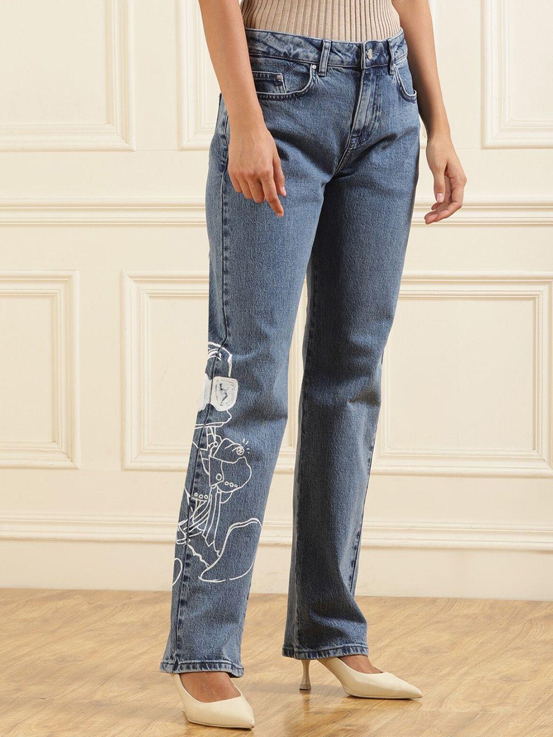 karl lagerfeld women printed mid rise cotton straight fit jeans