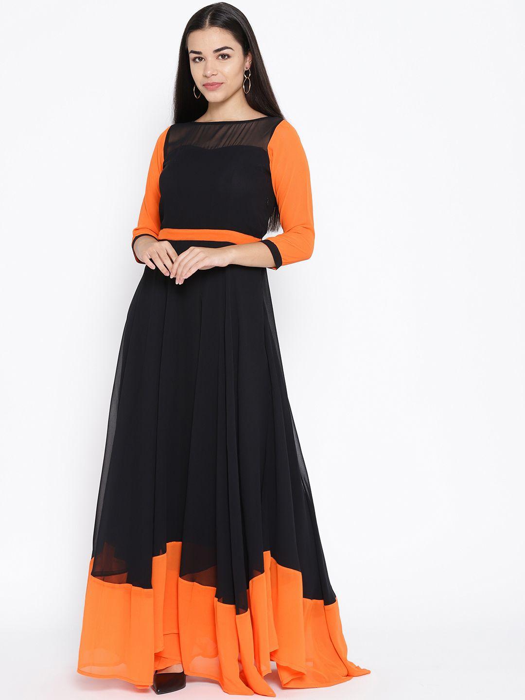 karmic vision women black & orange colourblocked maxi dress