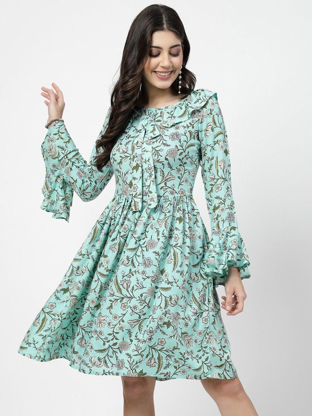 karmic vision floral printed bell sleeve ruffled fit & flared dress
