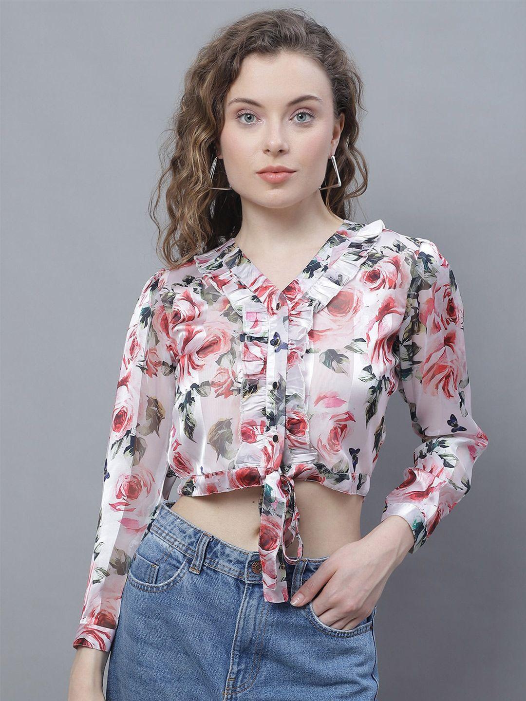 karmic vision floral printed shirt style crop top