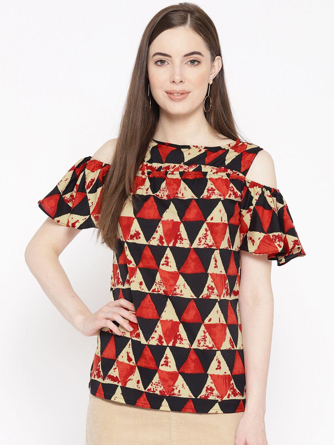 karmic vision women beige & red printed cold-shoulder top