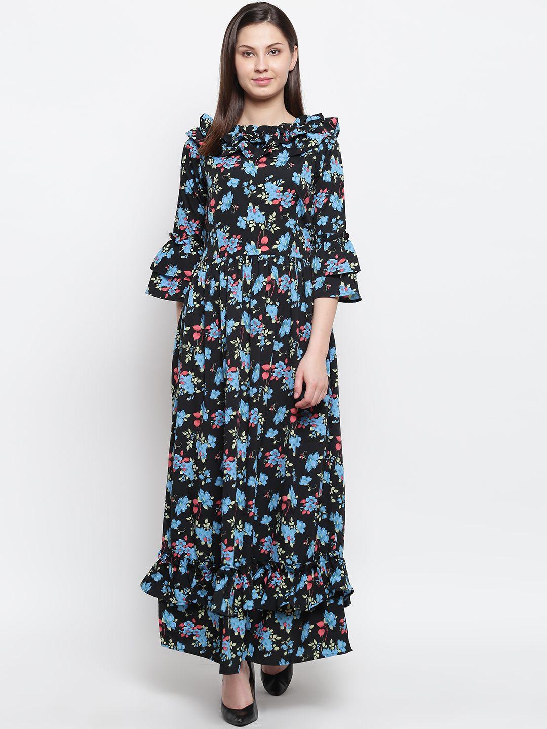 karmic vision women black & blue printed maxi dress