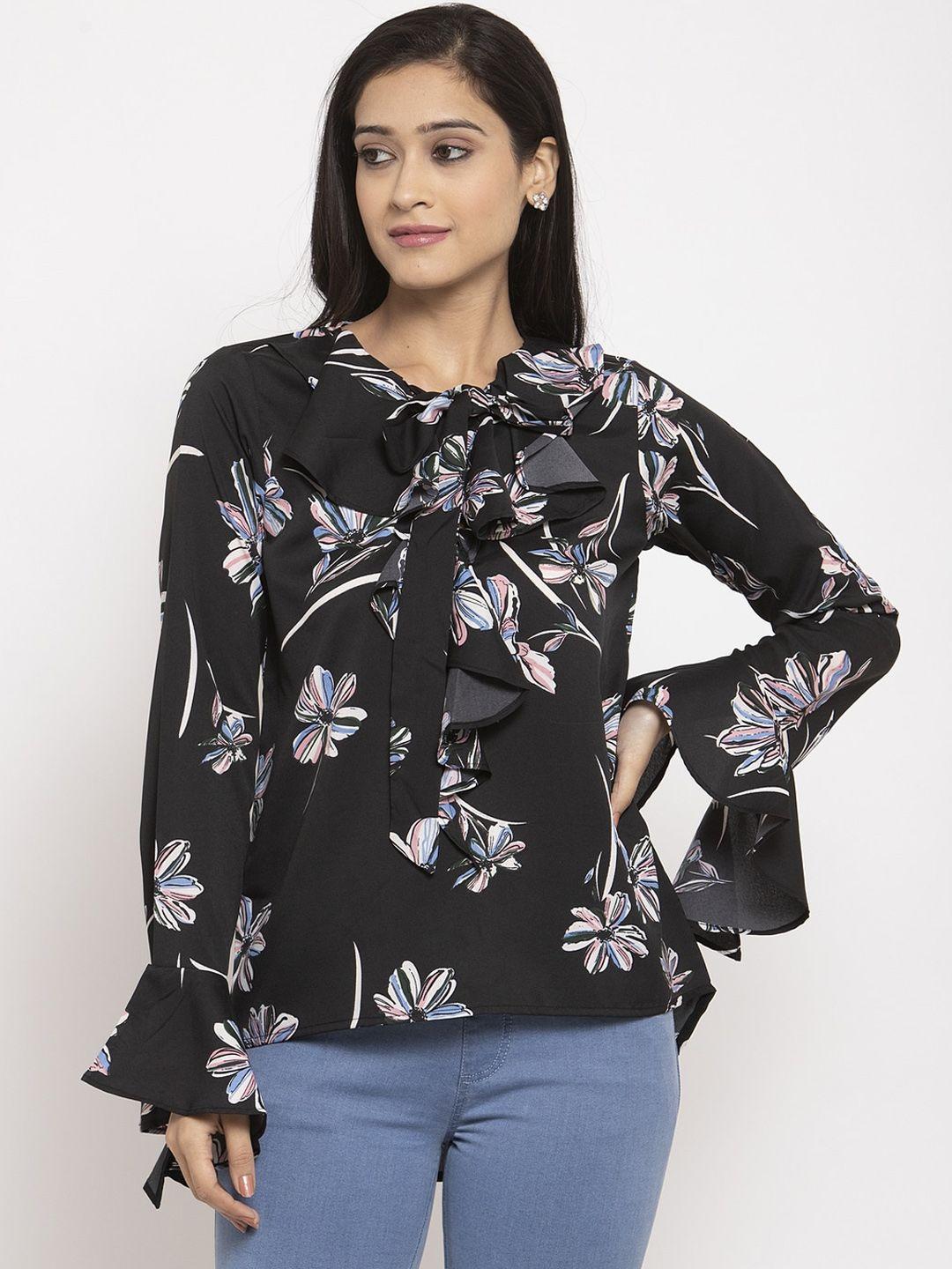 karmic vision women black floral printed top