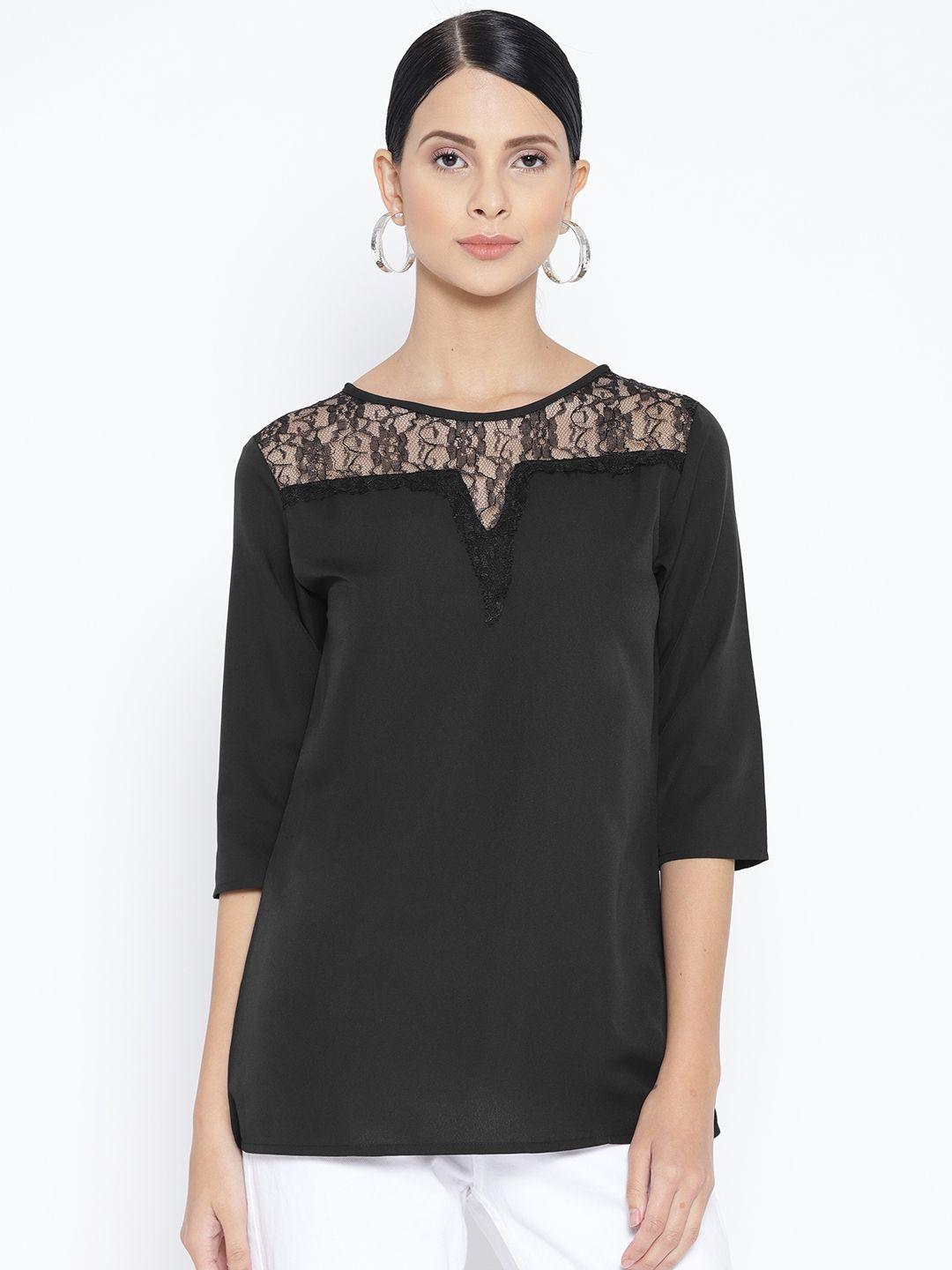 karmic vision women black solid semi-sheer top