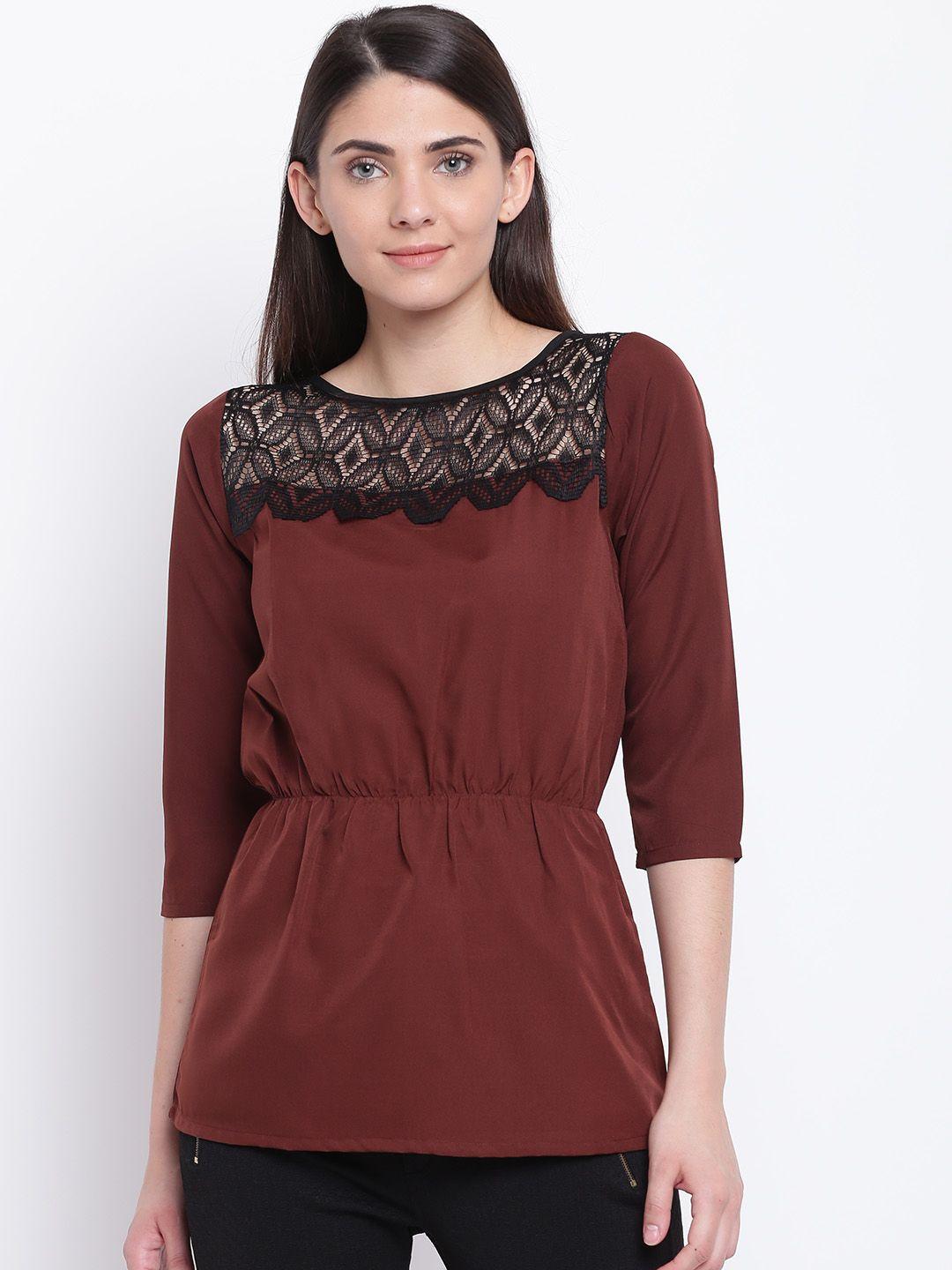 karmic vision women brown solid cinched waist top