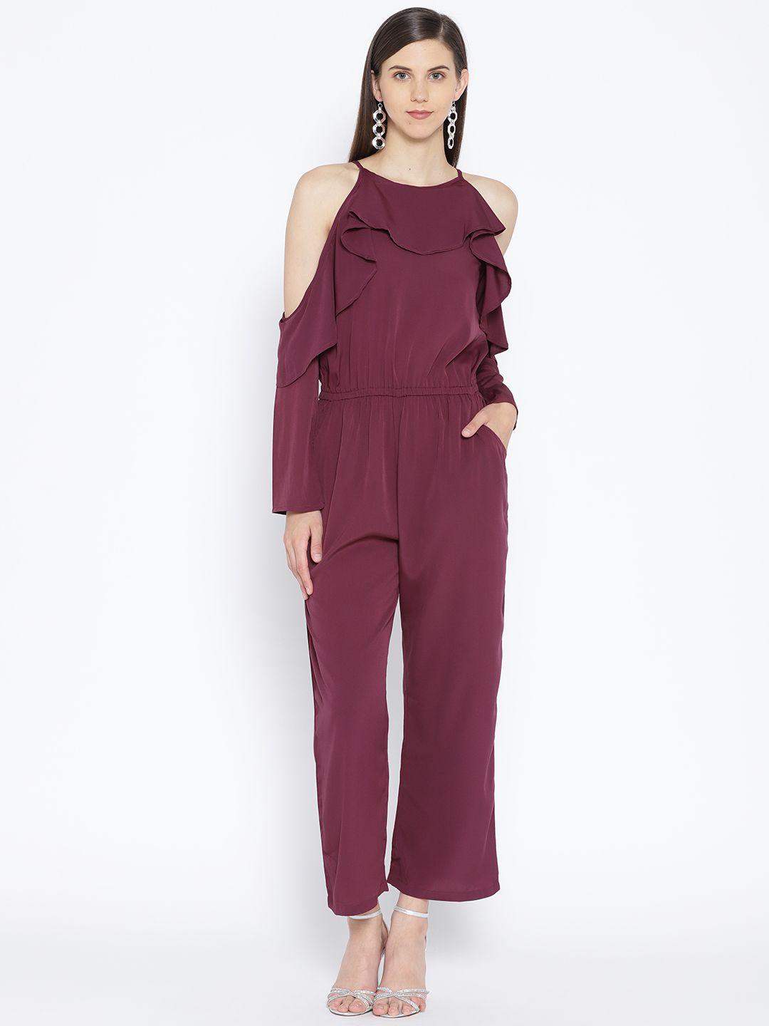 karmic vision women burgundy solid cold shoulder basic jumpsuit