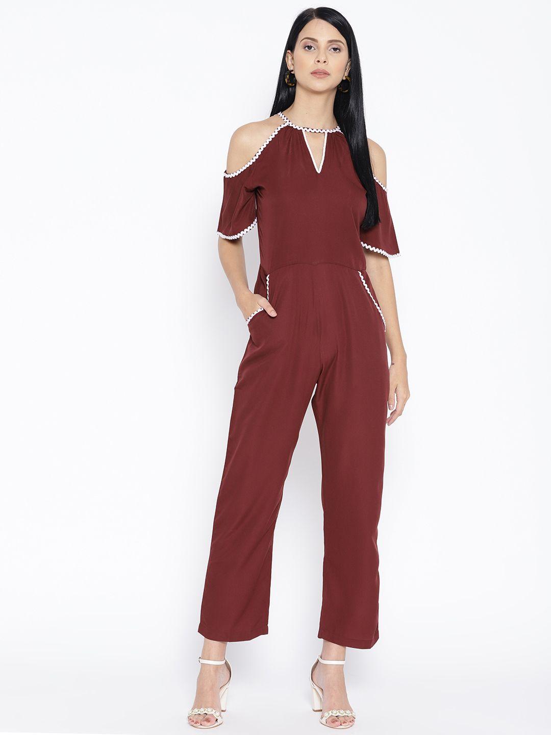 karmic vision women burgundy solid cold shoulder basic jumpsuit