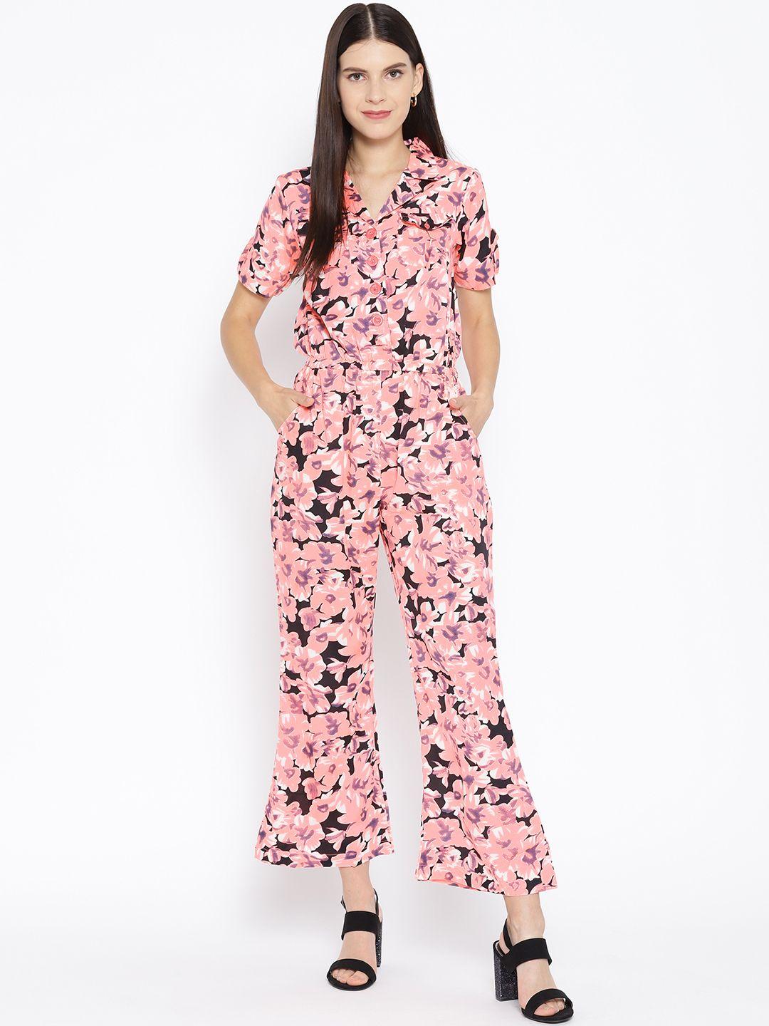 karmic vision women coral pink & black printed basic jumpsuit