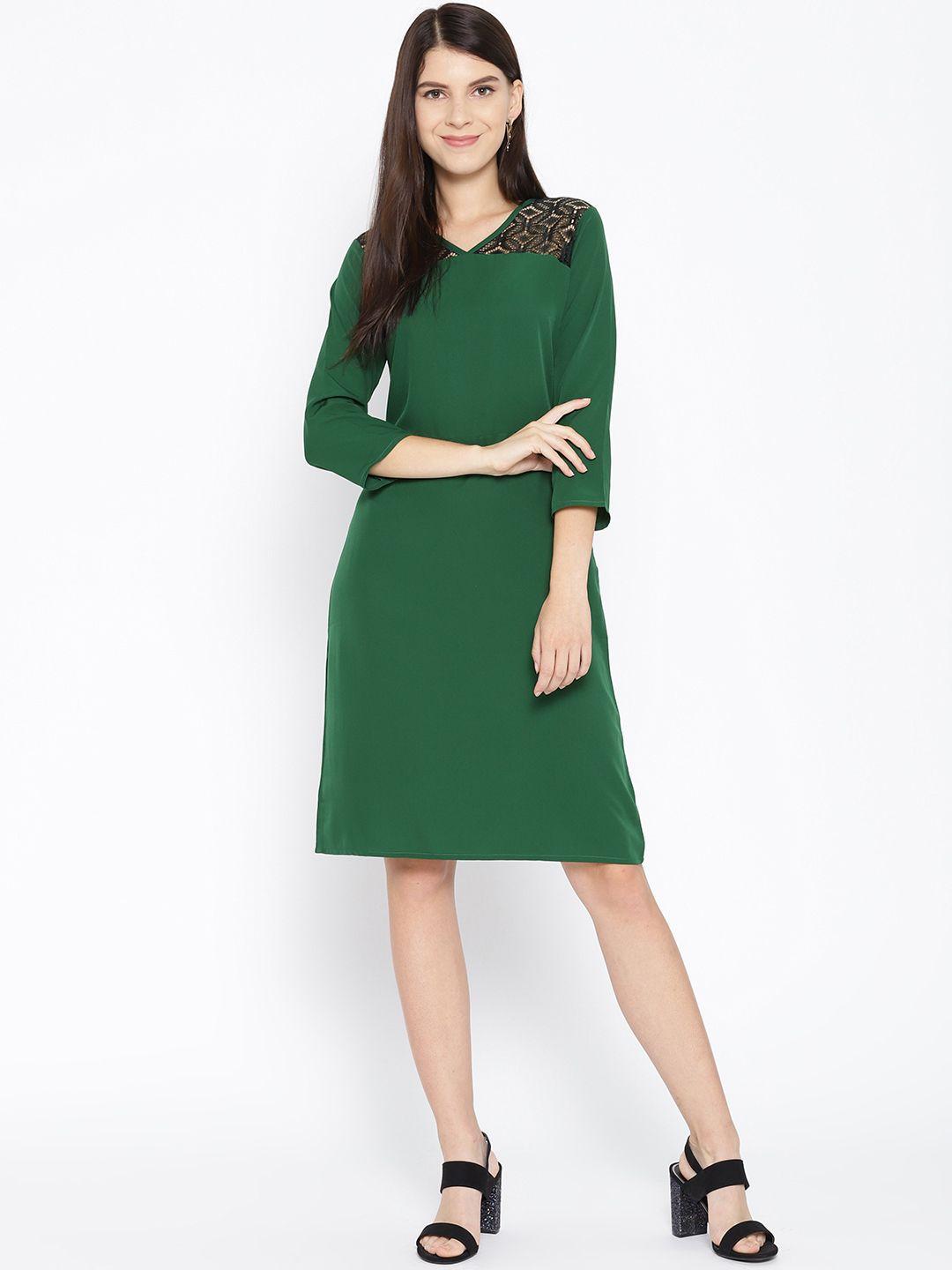 karmic vision women green solid a-line dress