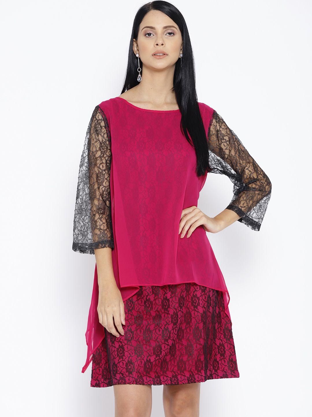 karmic vision women magenta & black layered lace a-line dress