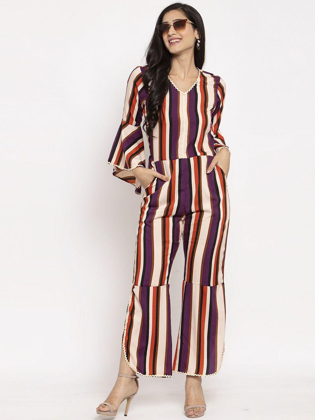 karmic vision women multicoloured striped basic jumpsuit