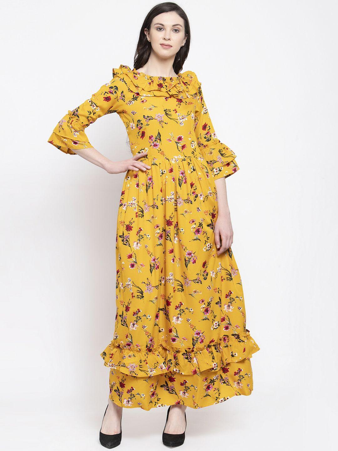 karmic vision women mustard printed maxi dress
