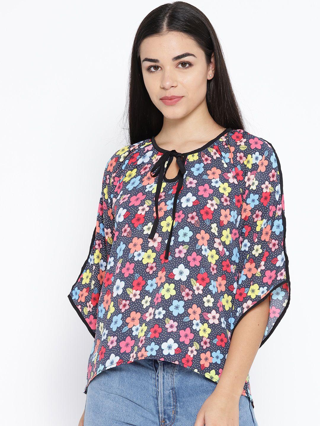 karmic vision women navy blue & pink printed top