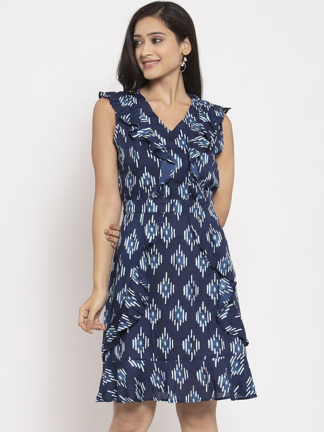 karmic vision women navy blue indigo printed fit and flare dress