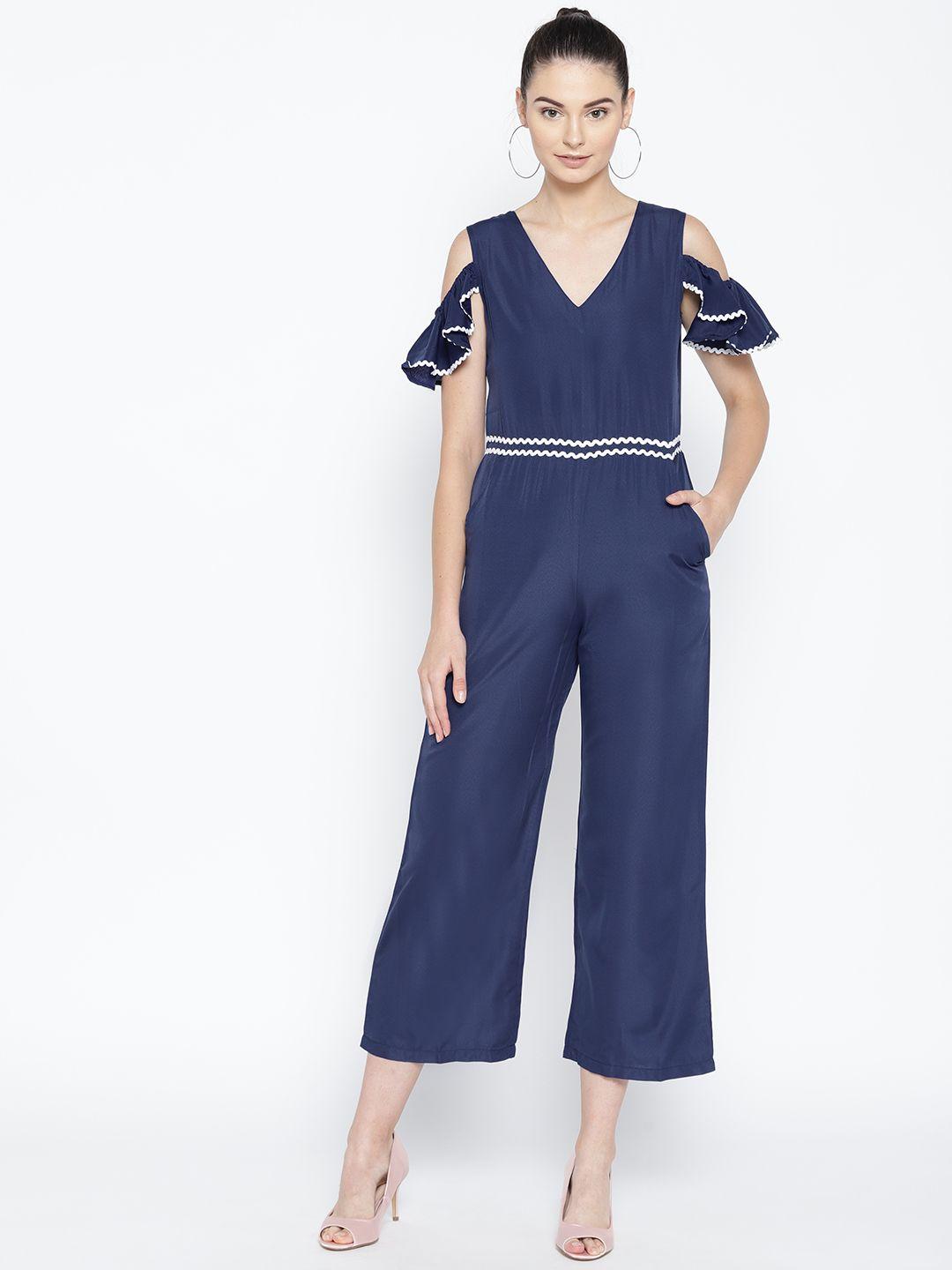 karmic vision women navy blue solid cropped basic jumpsuit