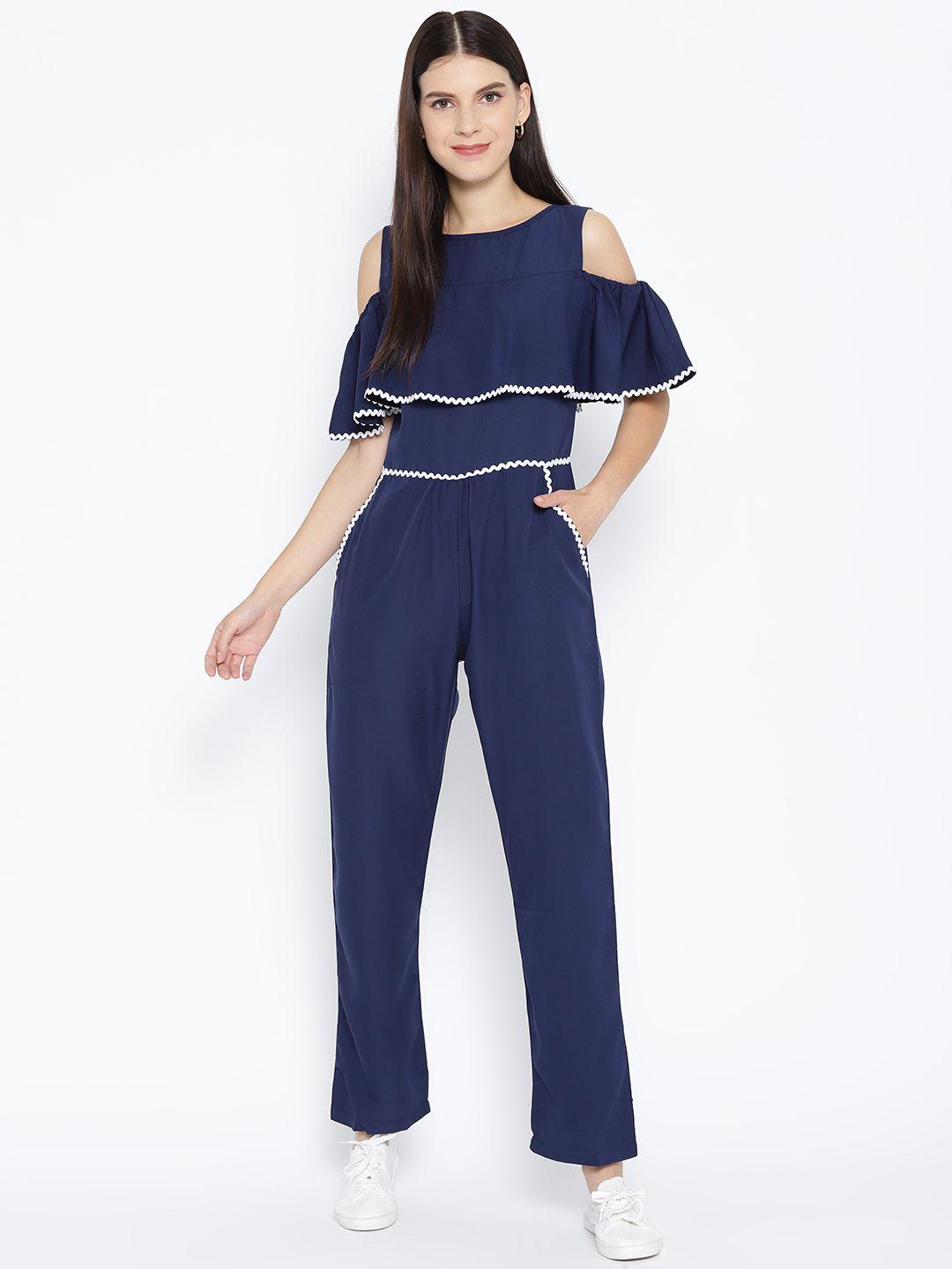 karmic vision women navy blue solid layered basic jumpsuit