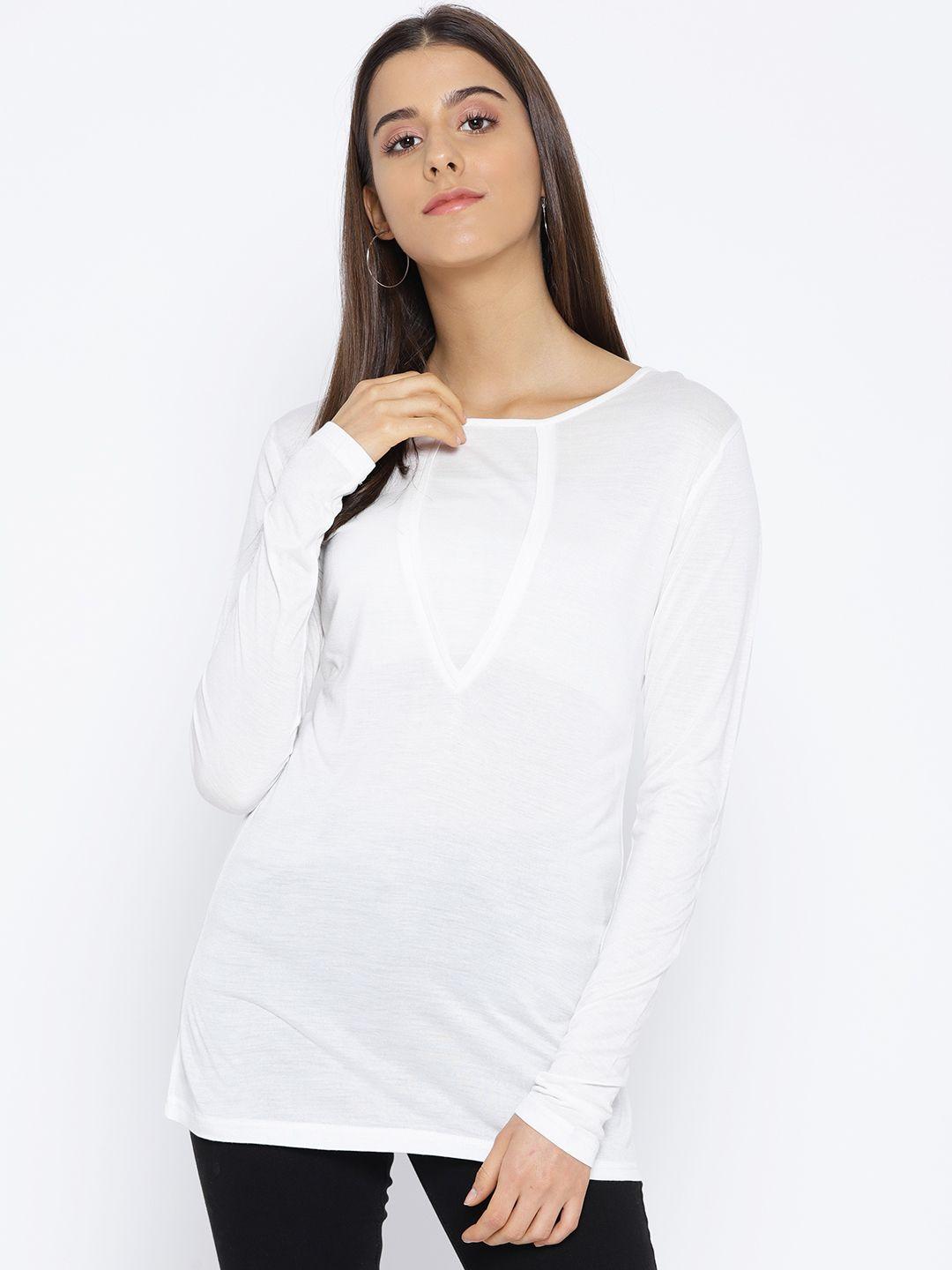 karmic vision women off-white solid round neck t-shirt