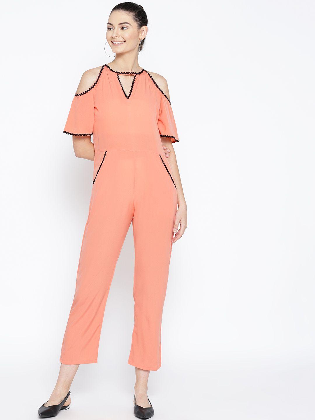 karmic vision women peach-coloured solid basic jumpsuit