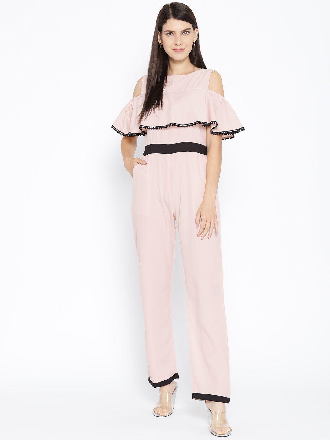 karmic vision women peach-coloured solid layered jumpsuit
