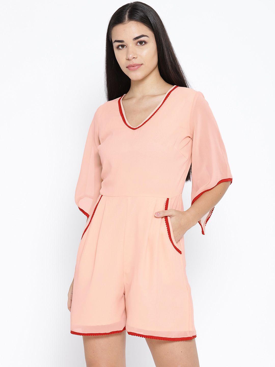 karmic vision women peach-coloured solid playsuit