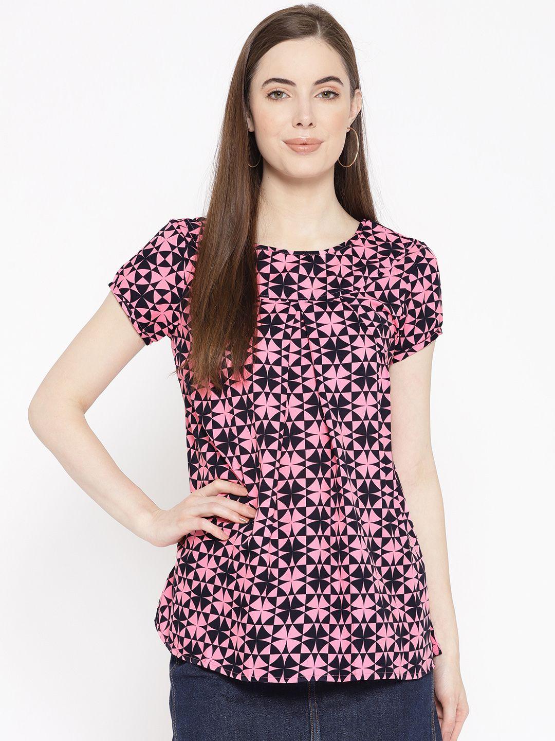 karmic vision women pink & navy blue printed a-line top