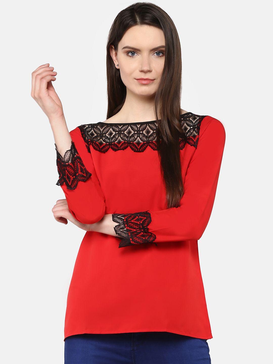 karmic vision women red lace detailed solid top