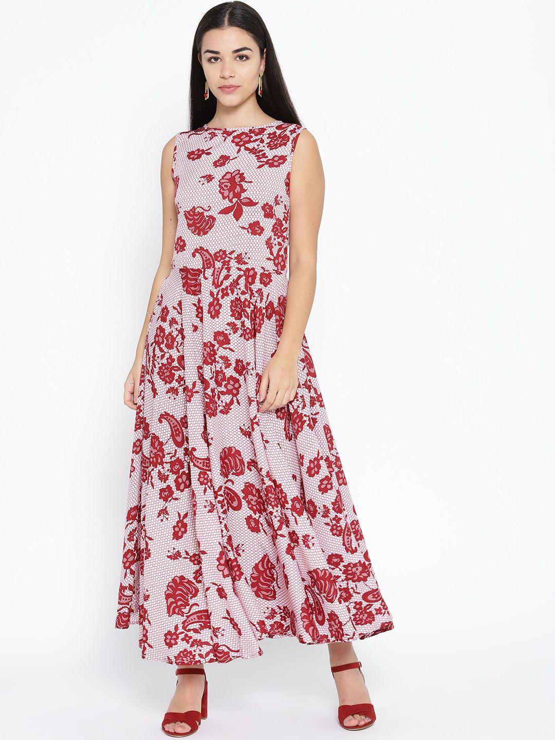 karmic vision women white & maroon floral print maxi dress