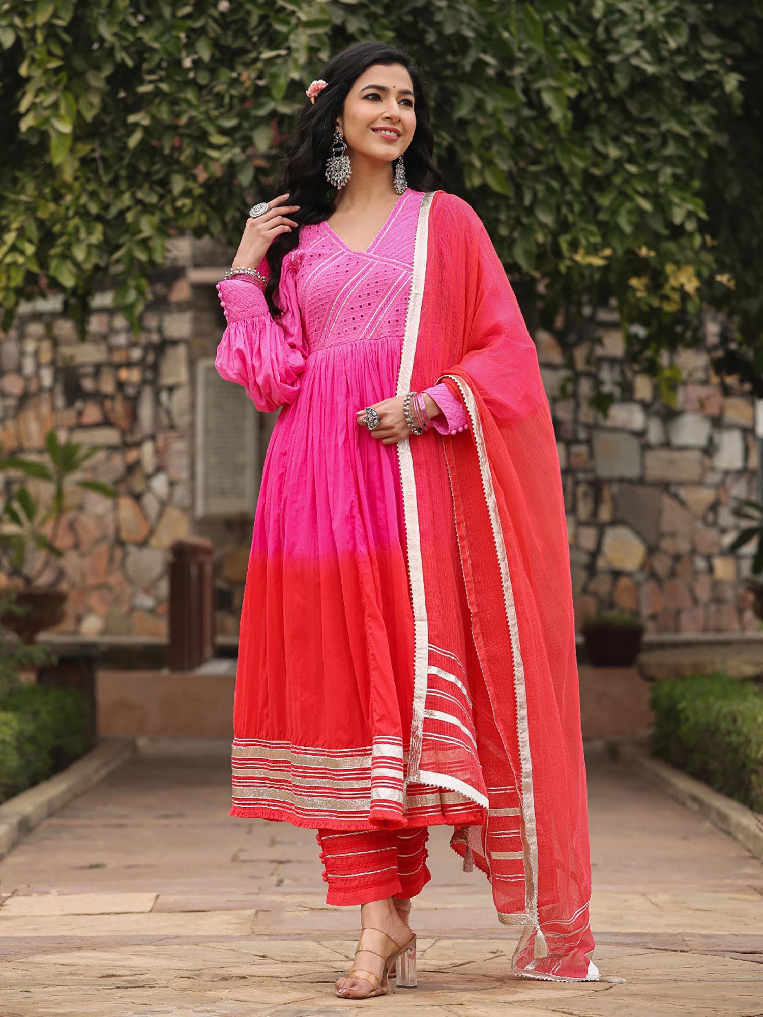 karvi red pink ombre long flared gota lace kurta with pant & dupatta (set of 3)