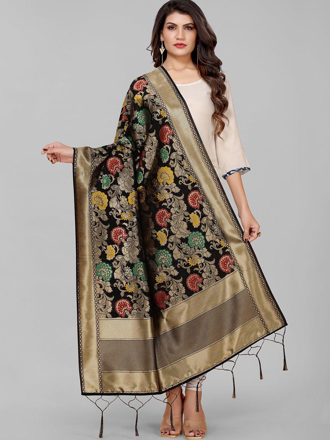 kasak black & gold-toned floral woven design art silk dupatta