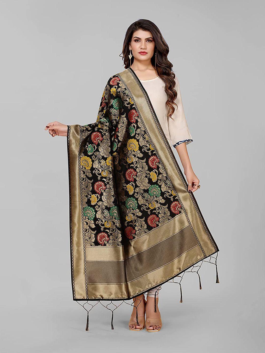 kasak black & gold-toned woven design art silk dupatta