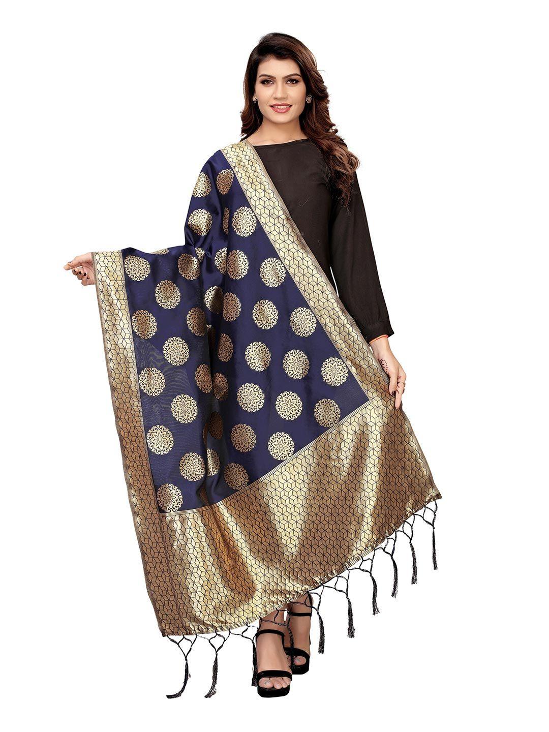 kasak blue & gold-toned woven design art silk dupatta