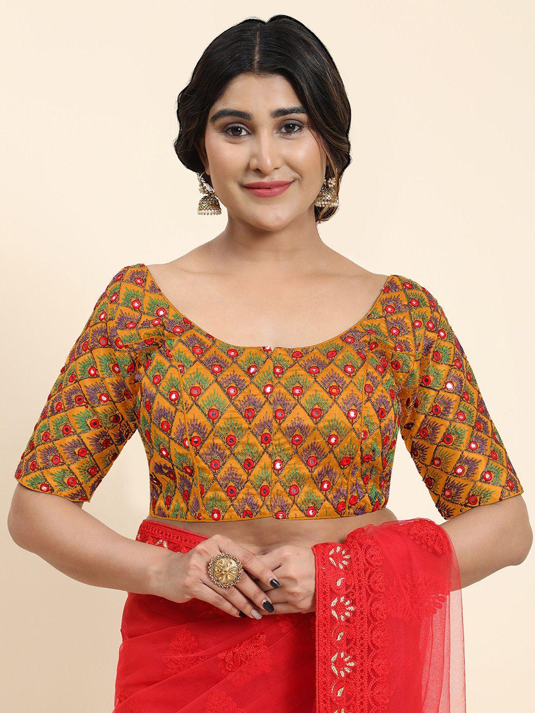 kasak embroidered mirror work silk saree blouse