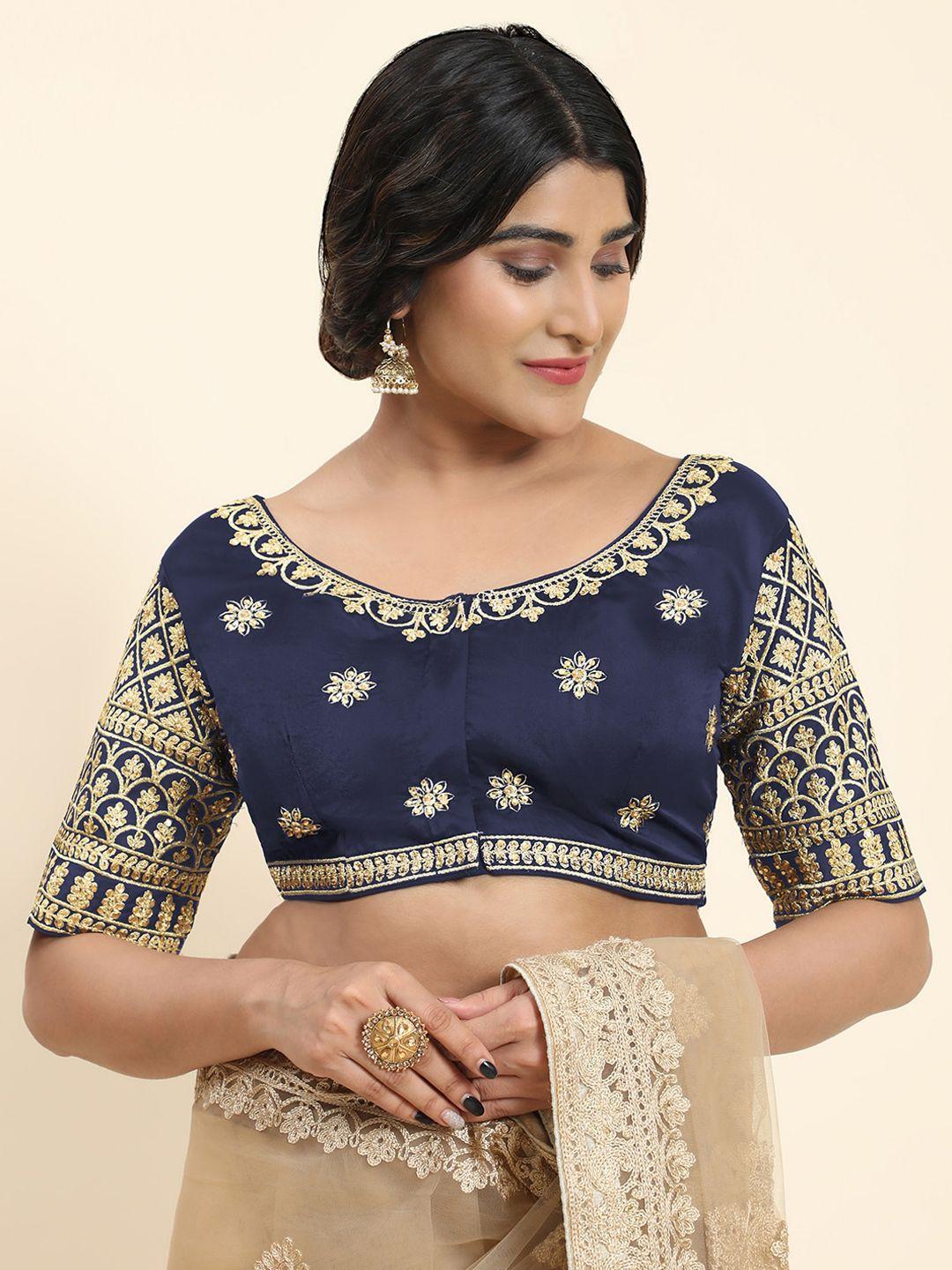 kasak embroidered padded readymade silk saree blouse