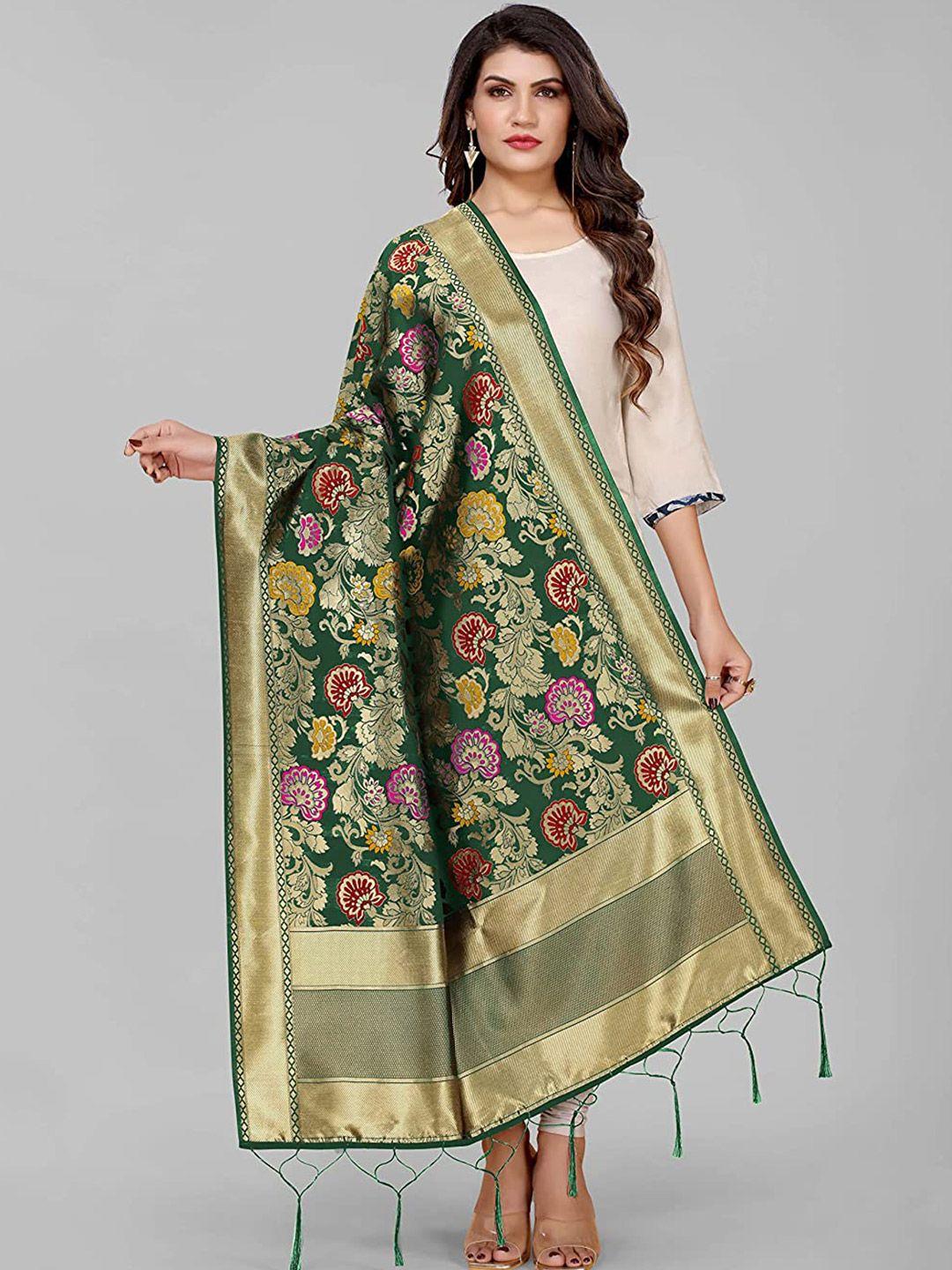 kasak green & gold-toned woven design art silk dupatta