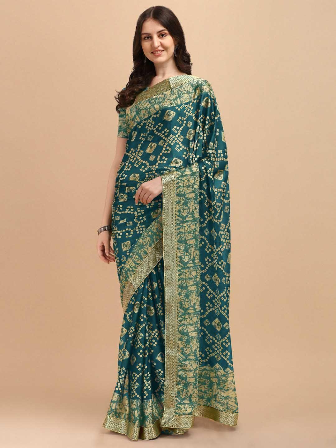 kasak sea green & gold-toned bandhani zari bandhani saree