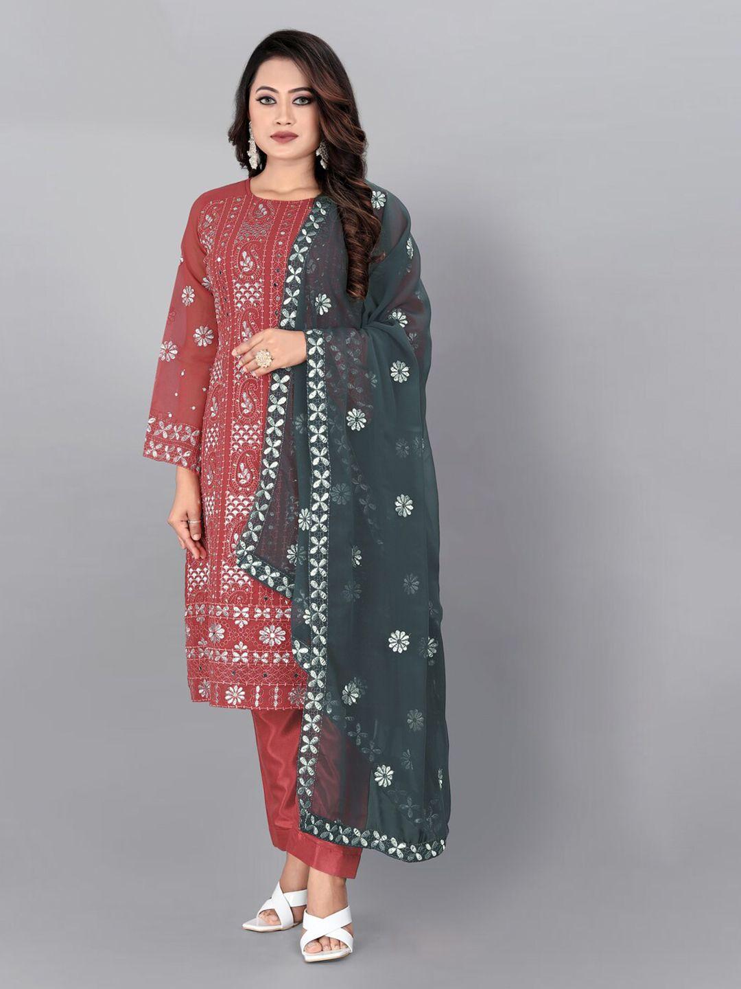 kasee floral embroidered mirror work semi-stitched dress material