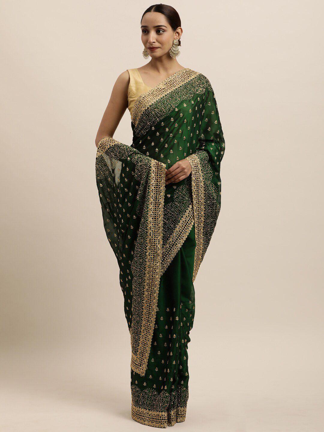 kasee green & gold-toned floral embroidered art silk saree