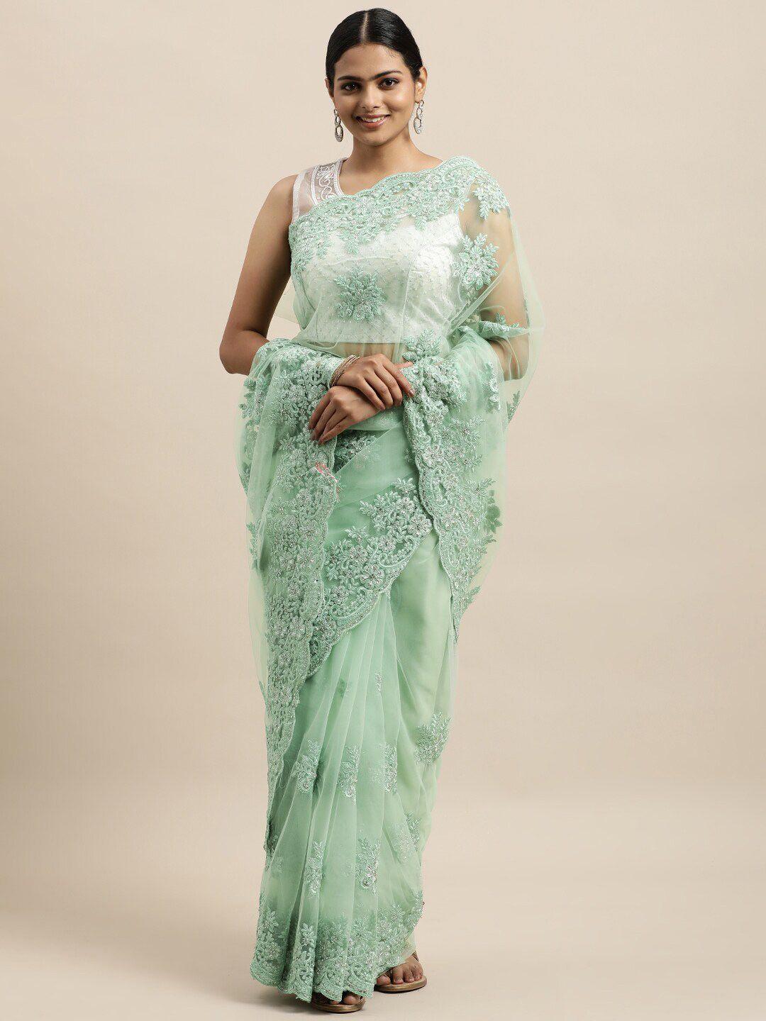 kasee green floral embroidered net saree