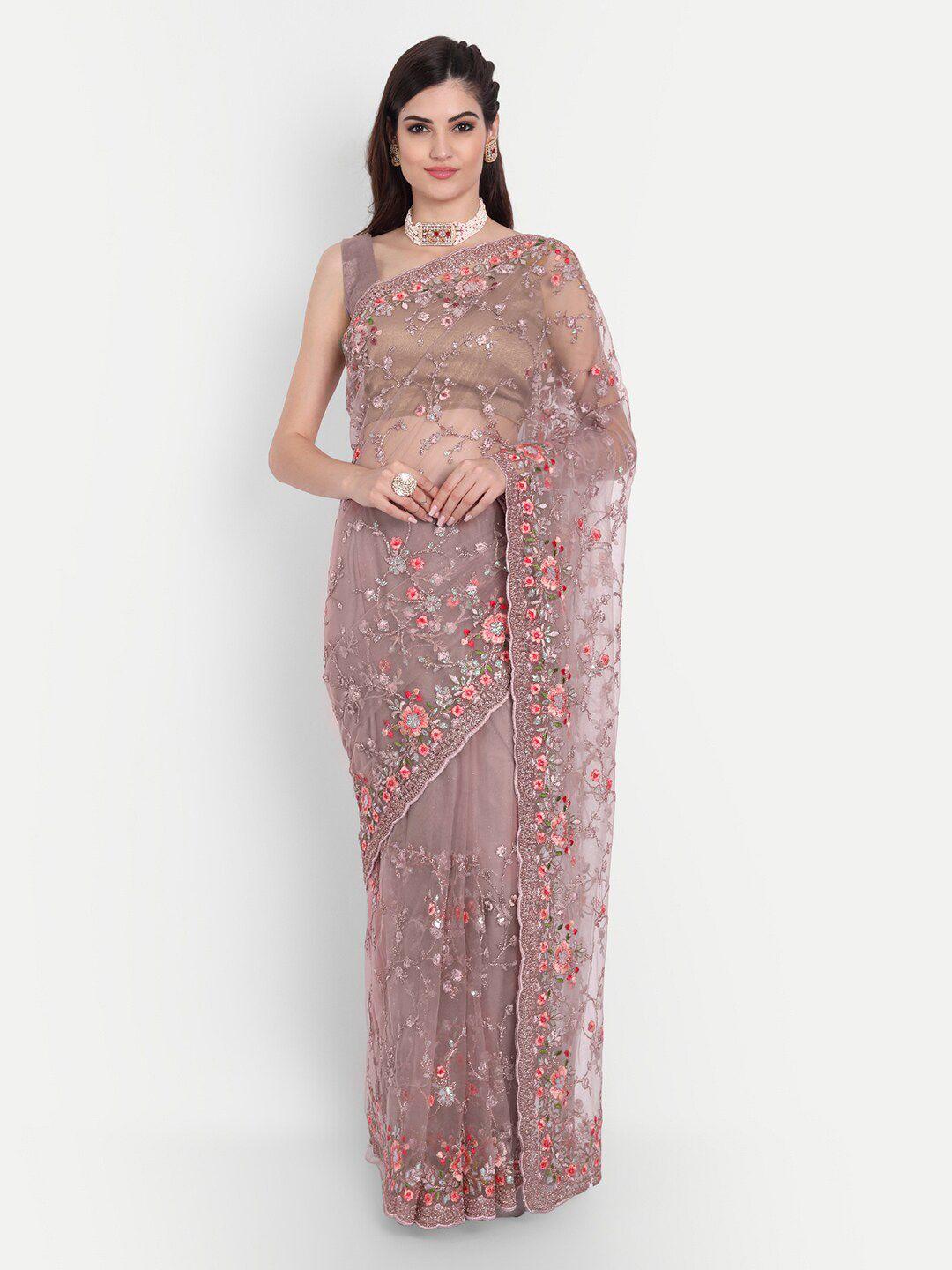kasee lavender & peach-coloured floral embroidered net saree